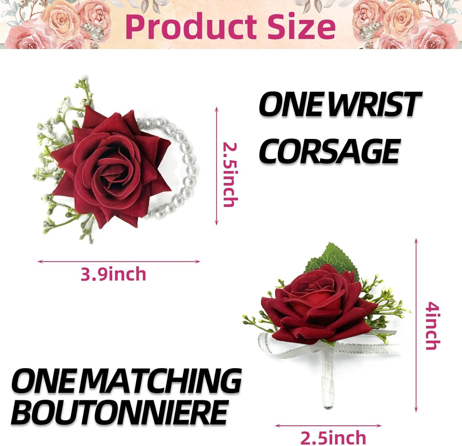 Wholesale Pack of 2 Red Rose Wrist Corsage and Boutonniere Set Artificial Flowers with Pearl Bracelet and Pin for Bride Groom Bridesmaids Groomsmen Weddings Prom Men Women Supplier