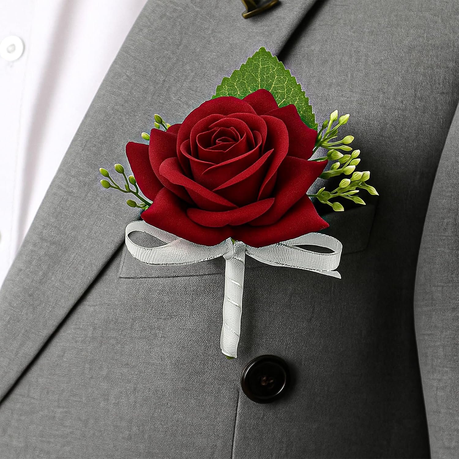 Wholesale Pack of 2 Red Rose Wrist Corsage and Boutonniere Set Artificial Flowers with Pearl Bracelet and Pin for Bride Groom Bridesmaids Groomsmen Weddings Prom Men Women Supplier