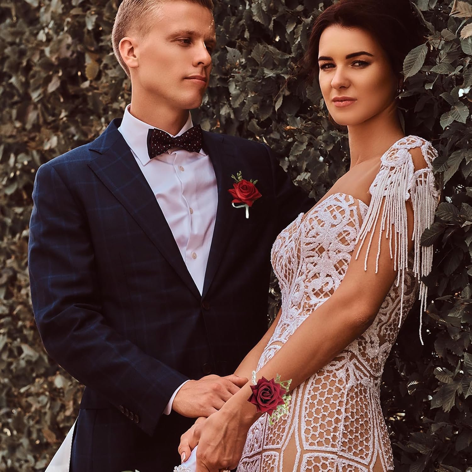 Wholesale Pack of 2 Red Rose Wrist Corsage and Boutonniere Set Artificial Flowers with Pearl Bracelet and Pin for Bride Groom Bridesmaids Groomsmen Weddings Prom Men Women Supplier