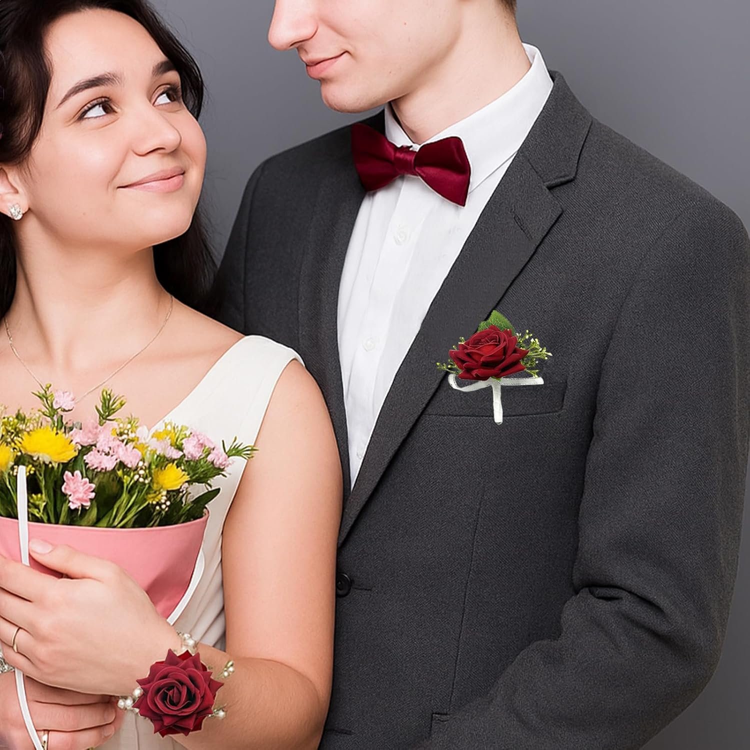 Wholesale Pack of 2 Red Rose Wrist Corsage and Boutonniere Set Artificial Flowers with Pearl Bracelet and Pin for Bride Groom Bridesmaids Groomsmen Weddings Prom Men Women Supplier