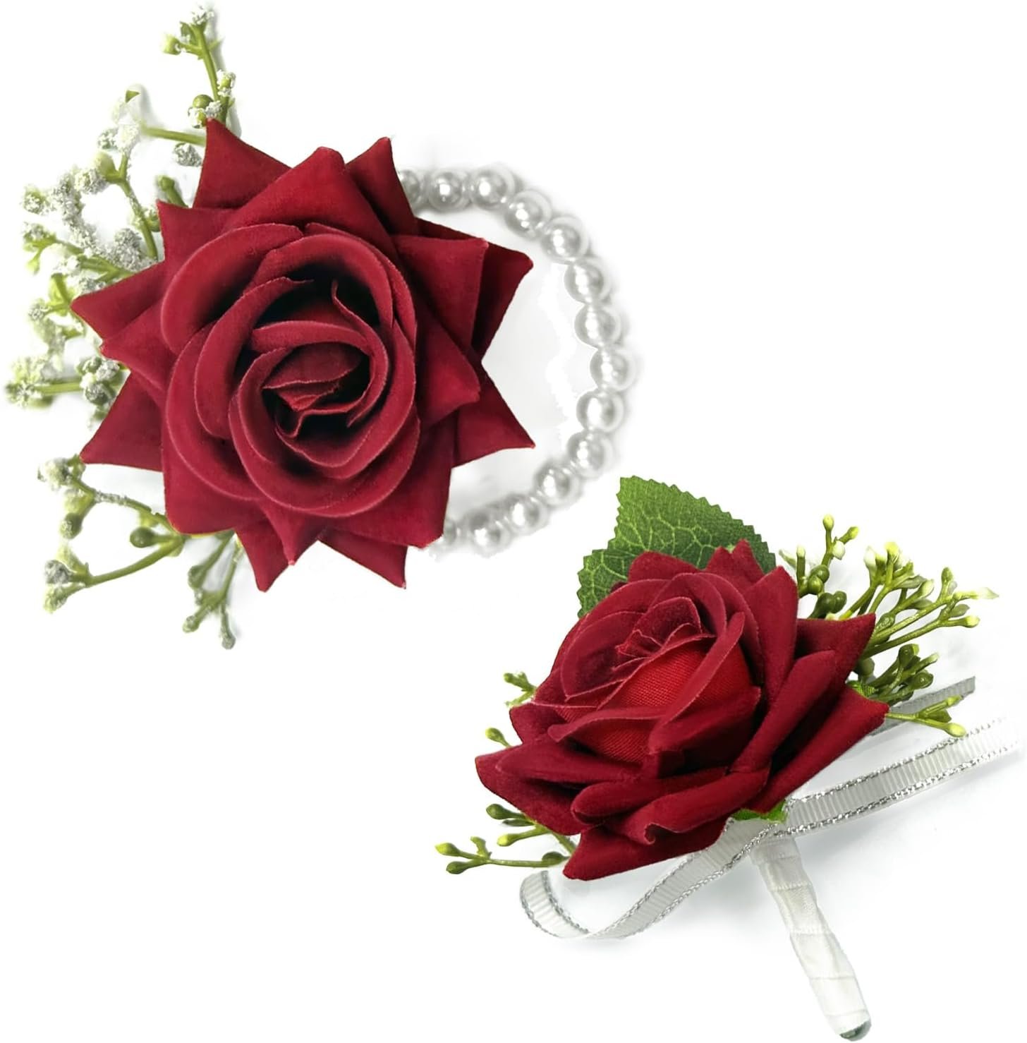Pack of 2 Red Rose Wrist Corsage and Boutonniere Set for Men Women – Artificial Flowers with Pearl Bracelet and Boutonniere Pin for Bride, Groom, Bridesmaids, Groomsmen, Weddings, Prom Accessories