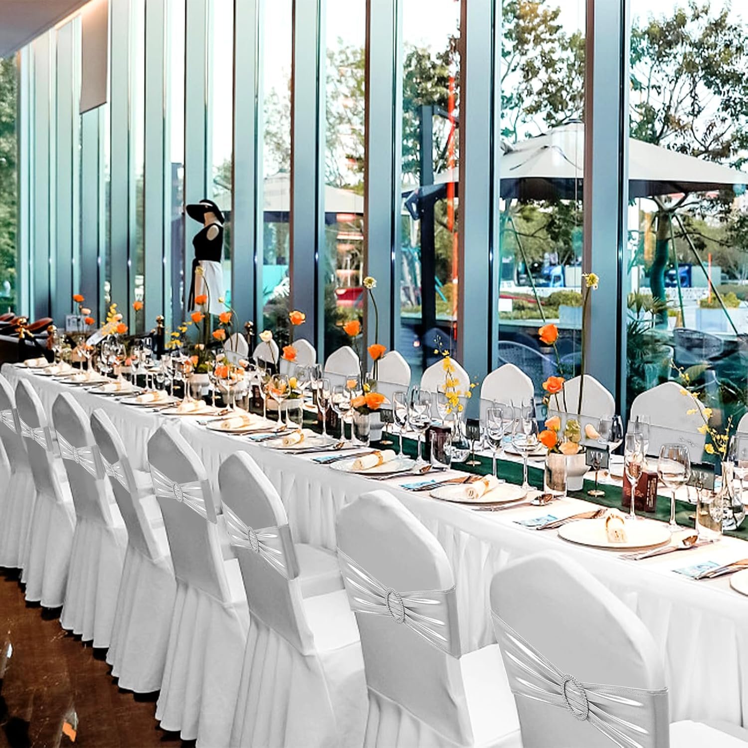 Wholesale 100 PCS Premium Spandex Chair Sashes Bows with Buckle Slider Universal Elastic Stretch Ties for Wedding Party Ceremony Events Reception Banquet Decoration Metallic Silver Supplier