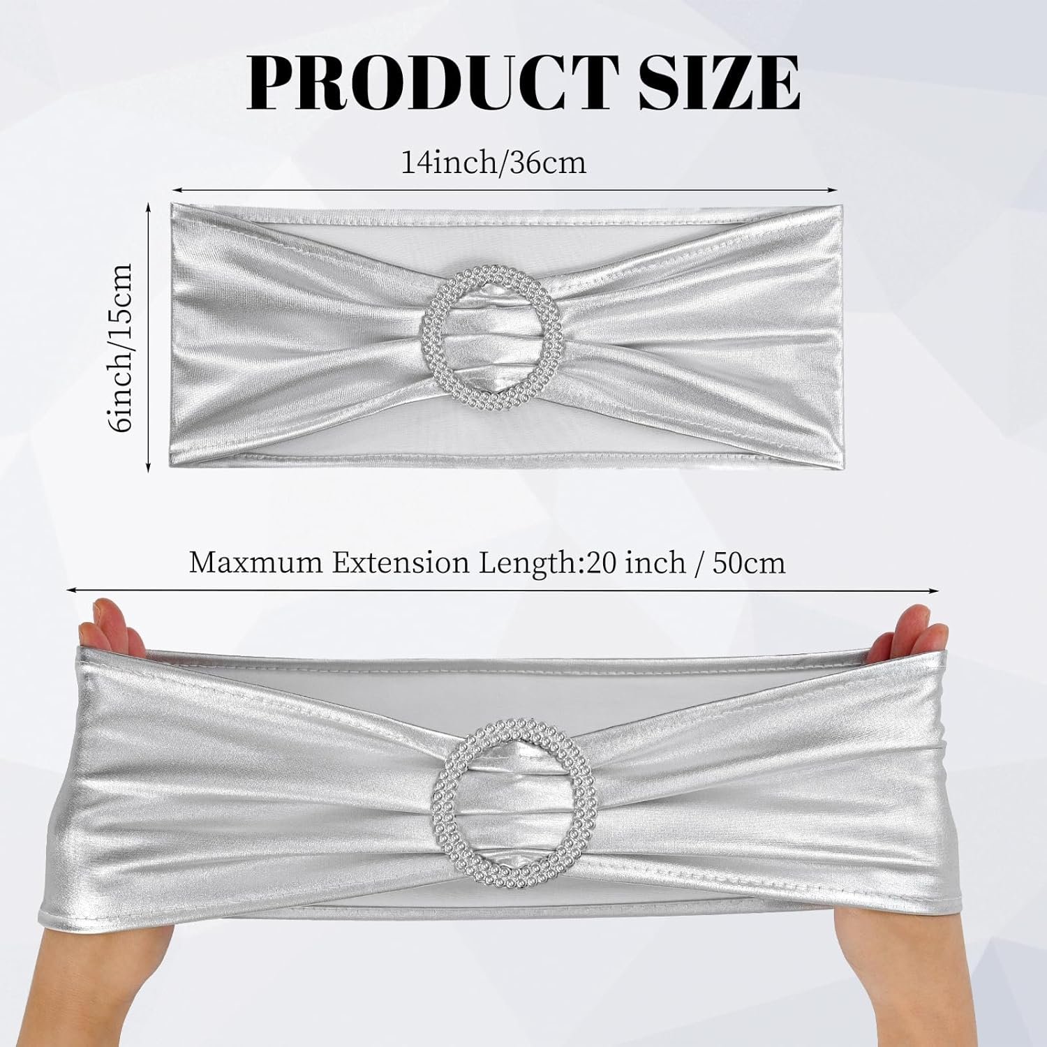 Wholesale 100 PCS Premium Spandex Chair Sashes Bows with Buckle Slider Universal Elastic Stretch Ties for Wedding Party Ceremony Events Reception Banquet Decoration Metallic Silver Supplier