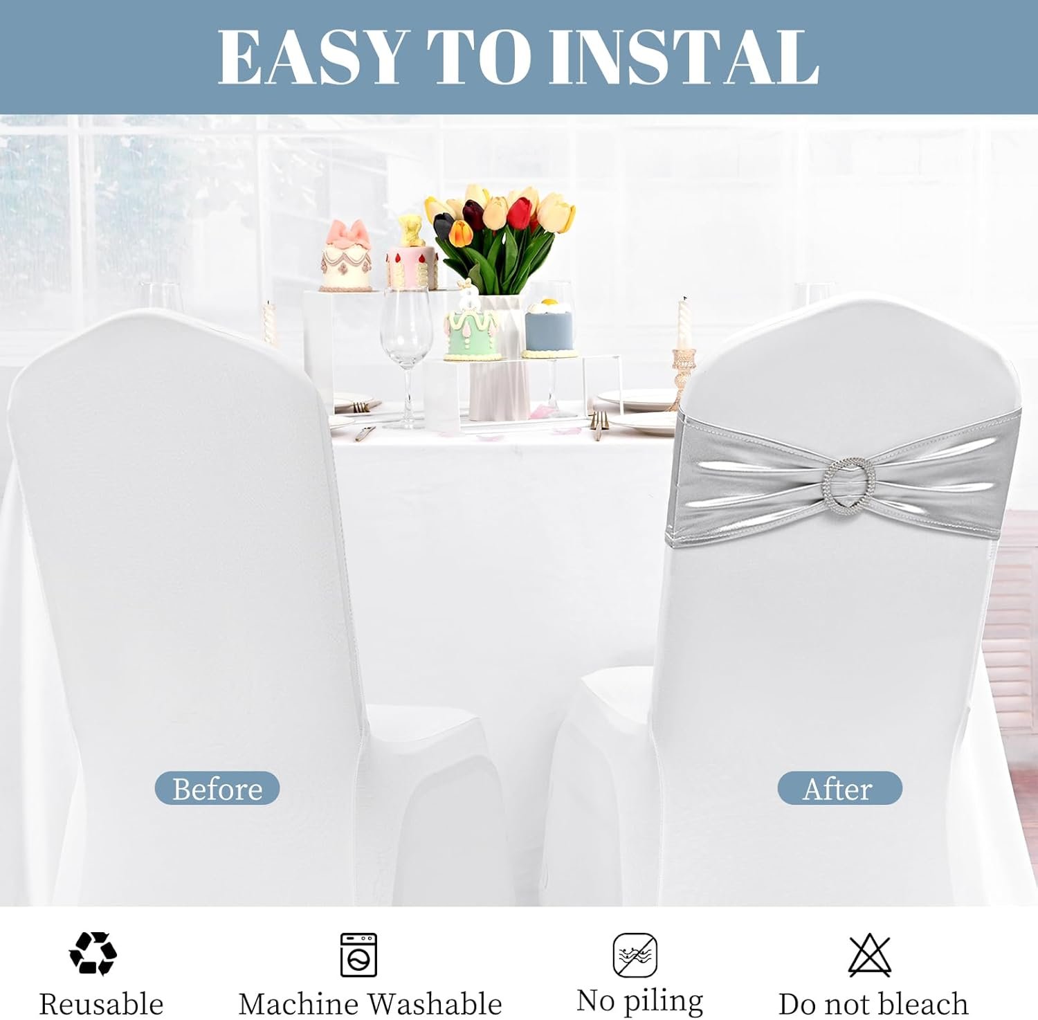 Wholesale 100 PCS Premium Spandex Chair Sashes Bows with Buckle Slider Universal Elastic Stretch Ties for Wedding Party Ceremony Events Reception Banquet Decoration Metallic Silver Supplier