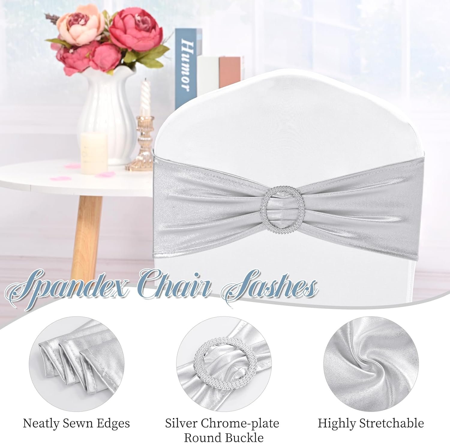 Wholesale 100 PCS Premium Spandex Chair Sashes Bows with Buckle Slider Universal Elastic Stretch Ties for Wedding Party Ceremony Events Reception Banquet Decoration Metallic Silver Supplier