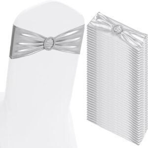 100 PCS Spandex Chair Sashes Bows Premium Stretch Chair Cover Band with Buckle Slider Universal Elastic Chair Ties for Wedding Party Ceremony Events Reception Banquet Decoration (Metallic Silver)