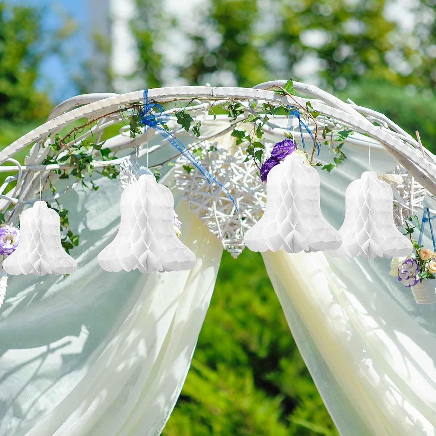 Wholesale 24 Pcs White Paper Hanging Honeycomb Wedding Bells Bridal Decorations for Ceremonies Parties Baby Showers Christmas 7.9 Inch and 11.8 Inch Sizes Supplier