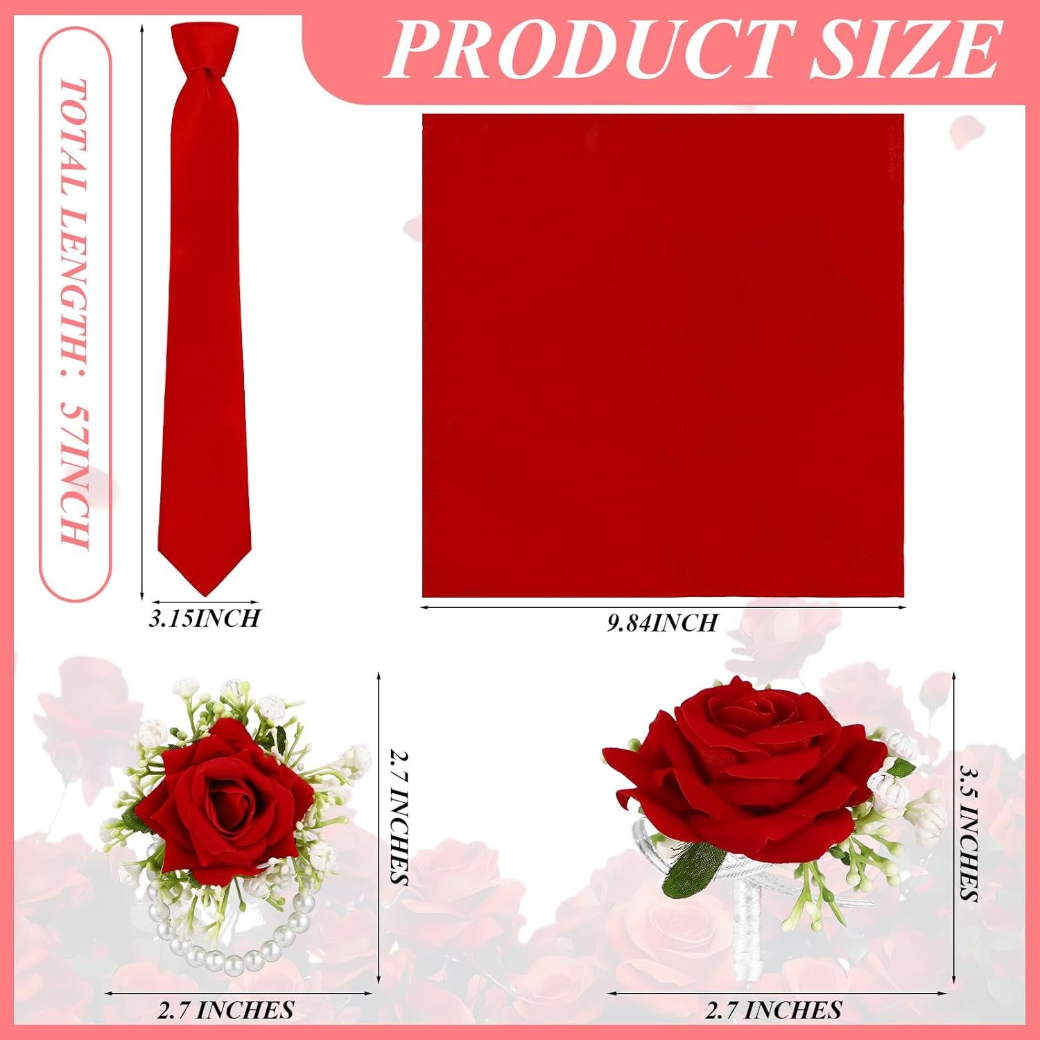 Wholesale 4 Pcs Men's Ties and Pocket Squares Rose Corsage Boutonniere Set Wristlet Band Bracelet Wedding Accessories Supplier