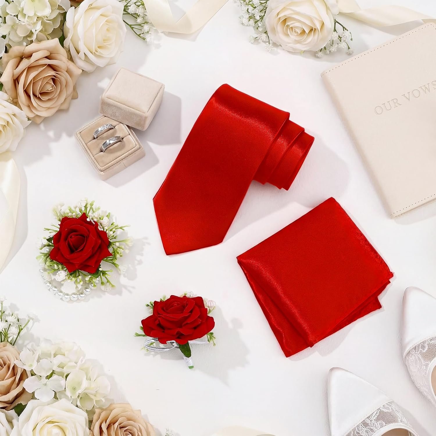 Wholesale 4 Pcs Men's Ties and Pocket Squares Rose Corsage Boutonniere Set Wristlet Band Bracelet Wedding Accessories Supplier