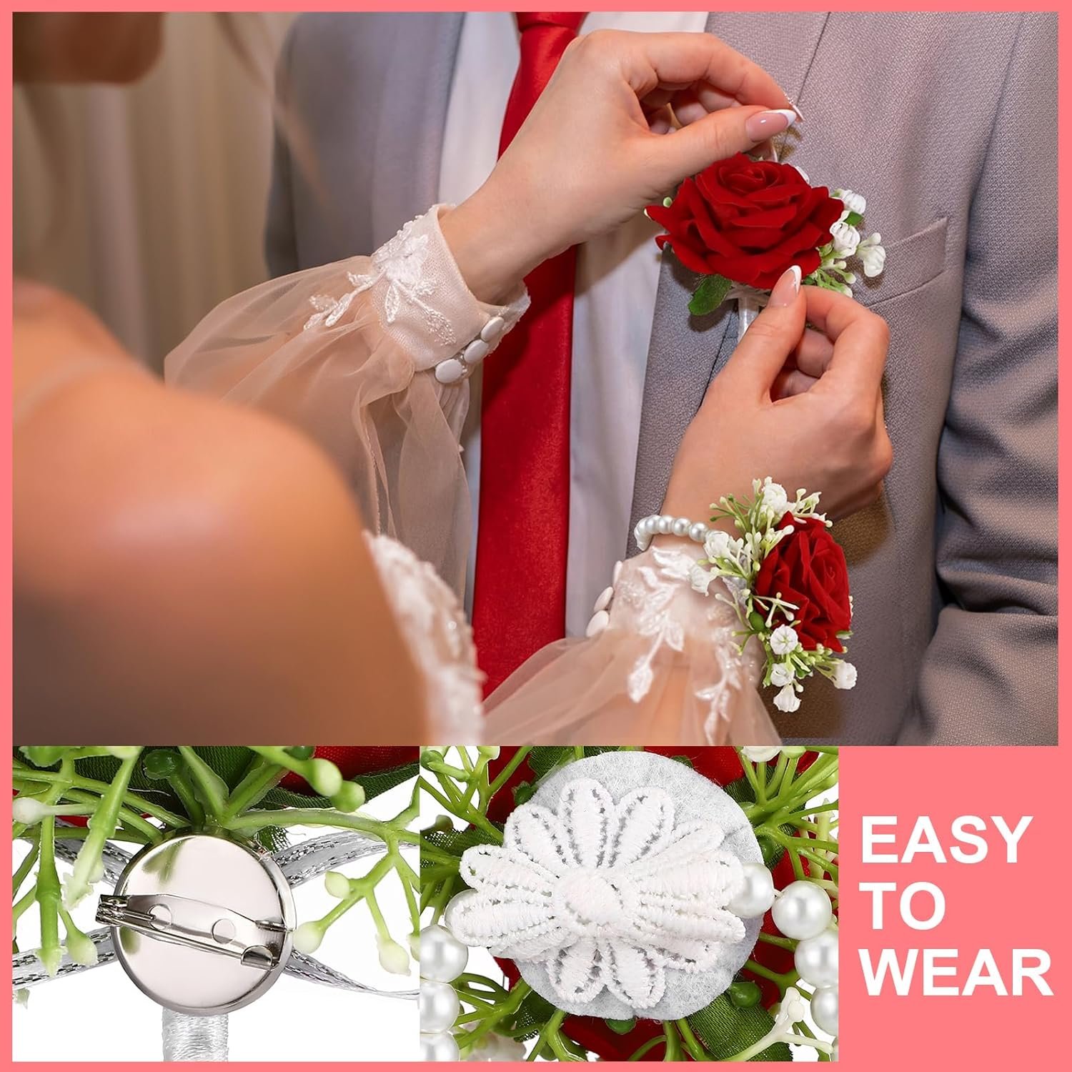 Wholesale 4 Pcs Men's Ties and Pocket Squares Rose Corsage Boutonniere Set Wristlet Band Bracelet Wedding Accessories Supplier