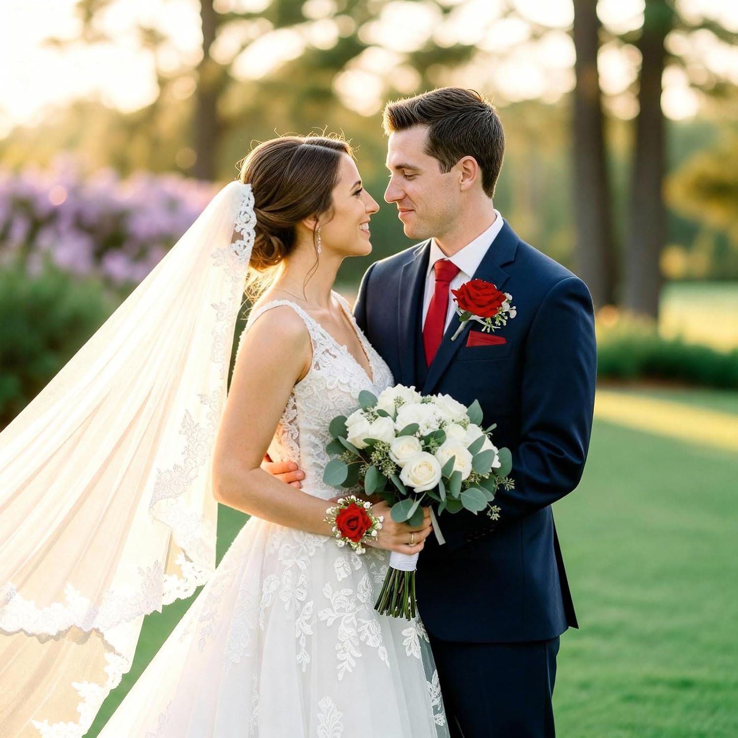 Wholesale 4 Pcs Men's Ties and Pocket Squares Rose Corsage Boutonniere Set Wristlet Band Bracelet Wedding Accessories Supplier