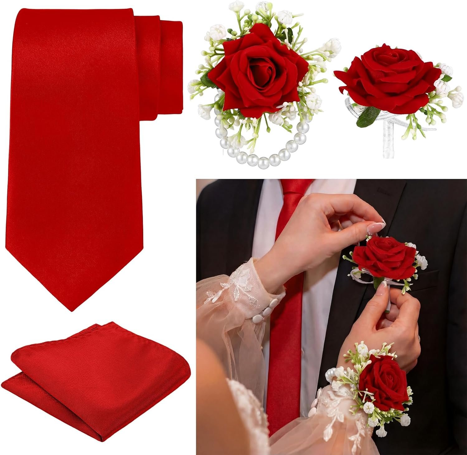 Wholesale 4 Pcs Men's Ties and Pocket Squares Rose Corsage Boutonniere Set Wristlet Band Bracelet Wedding Accessories Supplier