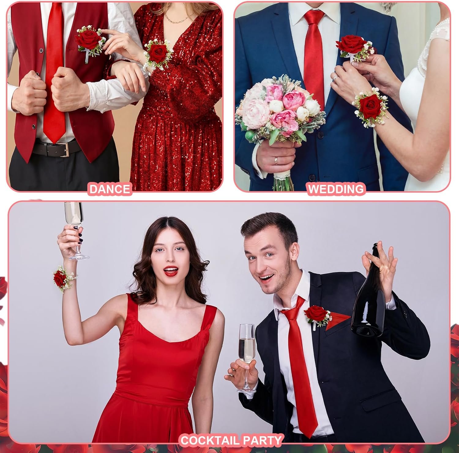 Wholesale 4 Pcs Men's Ties and Pocket Squares Rose Corsage Boutonniere Set Wristlet Band Bracelet Wedding Accessories Supplier