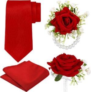 4 Pcs Ties and Pocket Square for Men Rose Corsage and Boutonniere Set Wristlet Band Bracelet Wedding Accessories