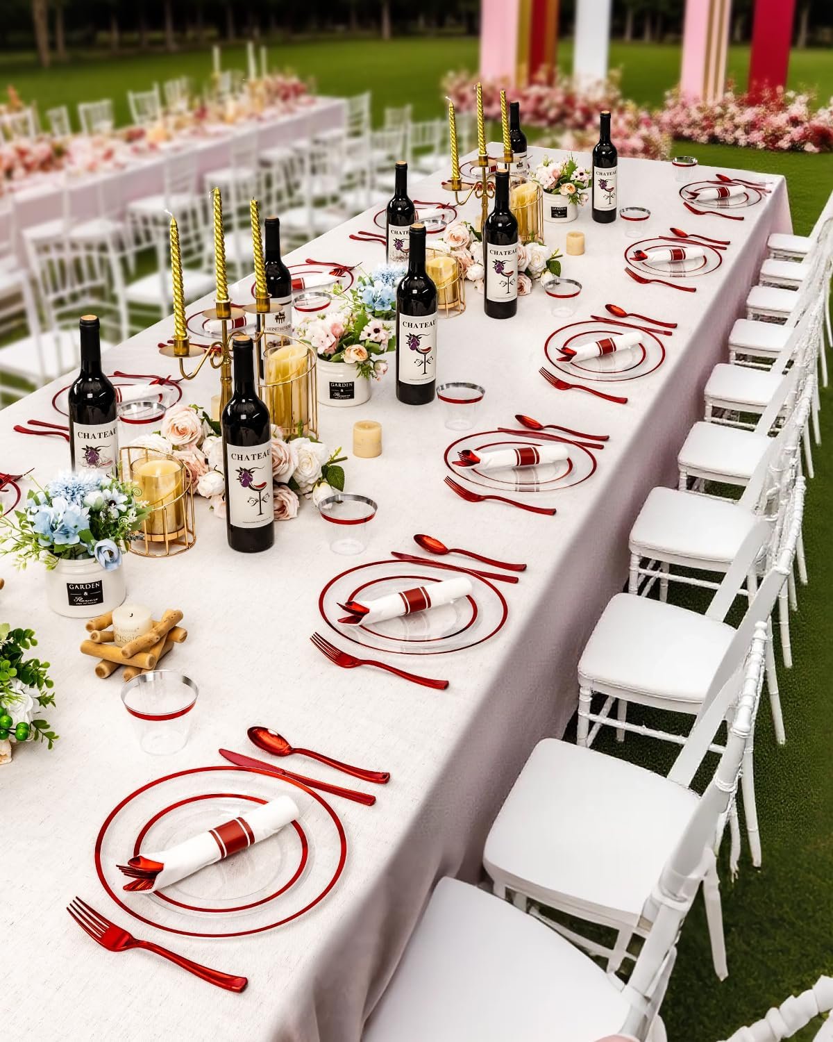 Wholesale 350PCS Disposable Clear Red Dinnerware Sets for 50 Guests 100 Plastic Plates 50 Cups 50 Pre-Rolled Napkins with Cutlery for Parties Weddings Christmas Supplier Wholesale 350PCS Disposable Clear Red Dinnerware Sets for 50 Guests 100 Plastic Plates 50 Cups 50 Pre-Rolled Napkins with Cutlery for Parties Weddings Christmas Supplier