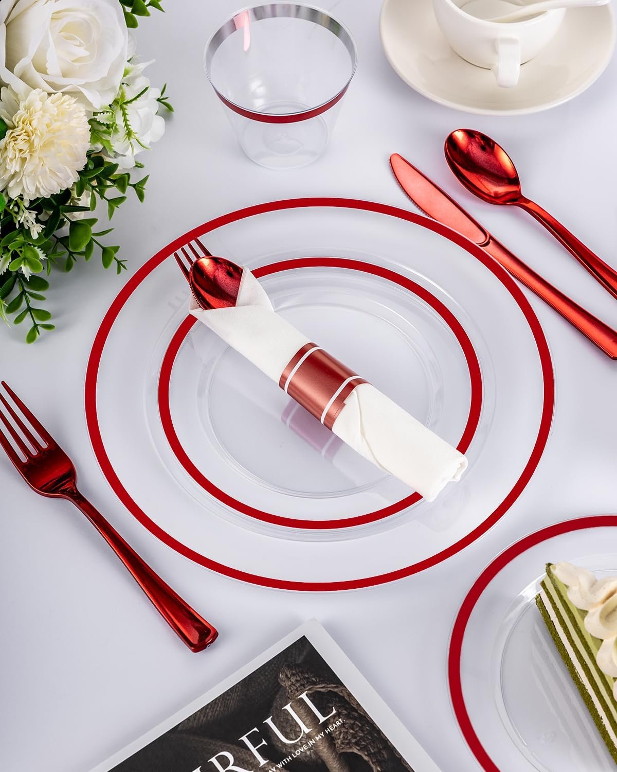 Wholesale 350PCS Disposable Clear Red Dinnerware Sets for 50 Guests 100 Plastic Plates 50 Cups 50 Pre-Rolled Napkins with Cutlery for Parties Weddings Christmas Supplier Wholesale 350PCS Disposable Clear Red Dinnerware Sets for 50 Guests 100 Plastic Plates 50 Cups 50 Pre-Rolled Napkins with Cutlery for Parties Weddings Christmas Supplier