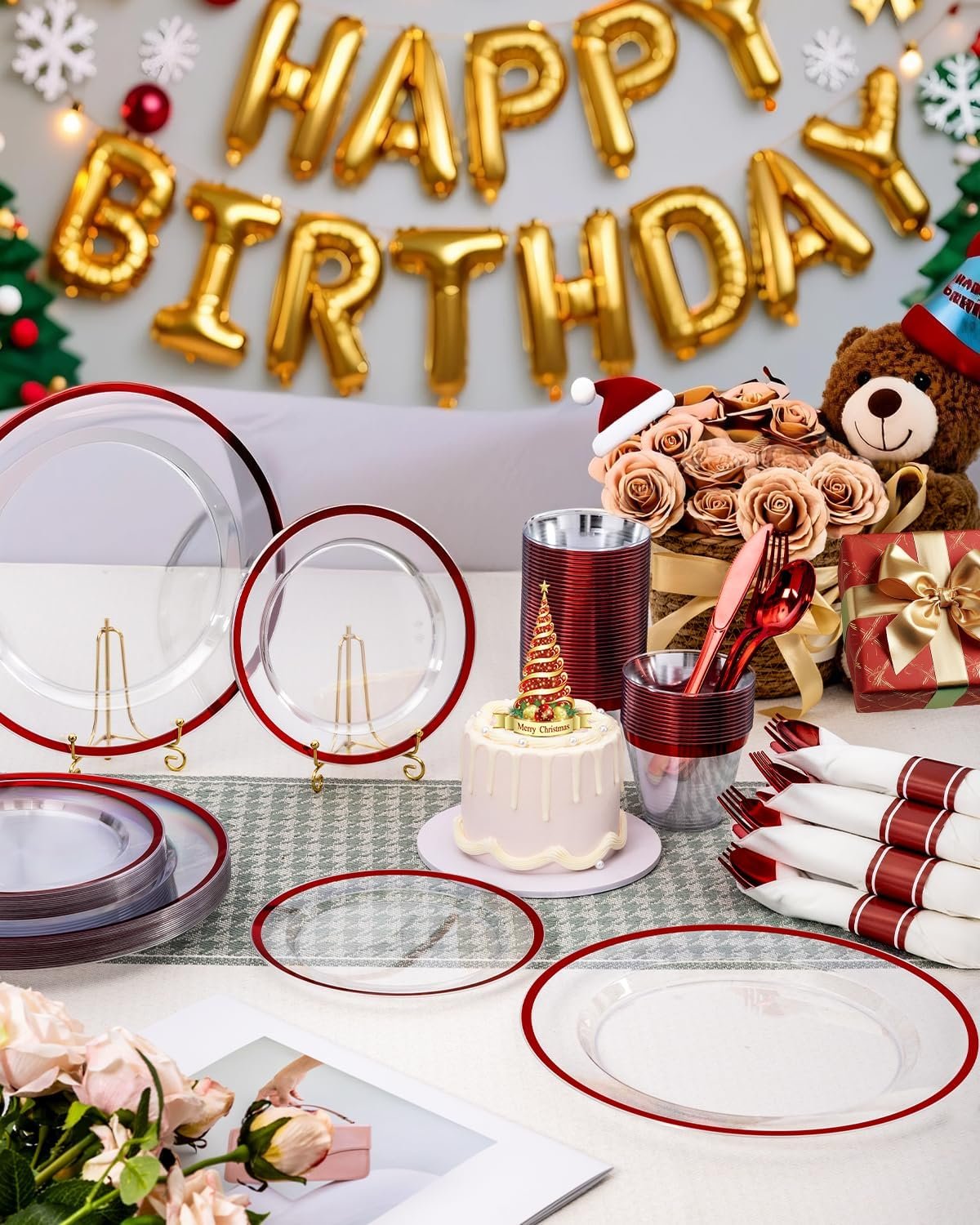 Wholesale 350PCS Disposable Clear Red Dinnerware Sets for 50 Guests 100 Plastic Plates 50 Cups 50 Pre-Rolled Napkins with Cutlery for Parties Weddings Christmas Supplier Wholesale 350PCS Disposable Clear Red Dinnerware Sets for 50 Guests 100 Plastic Plates 50 Cups 50 Pre-Rolled Napkins with Cutlery for Parties Weddings Christmas Supplier