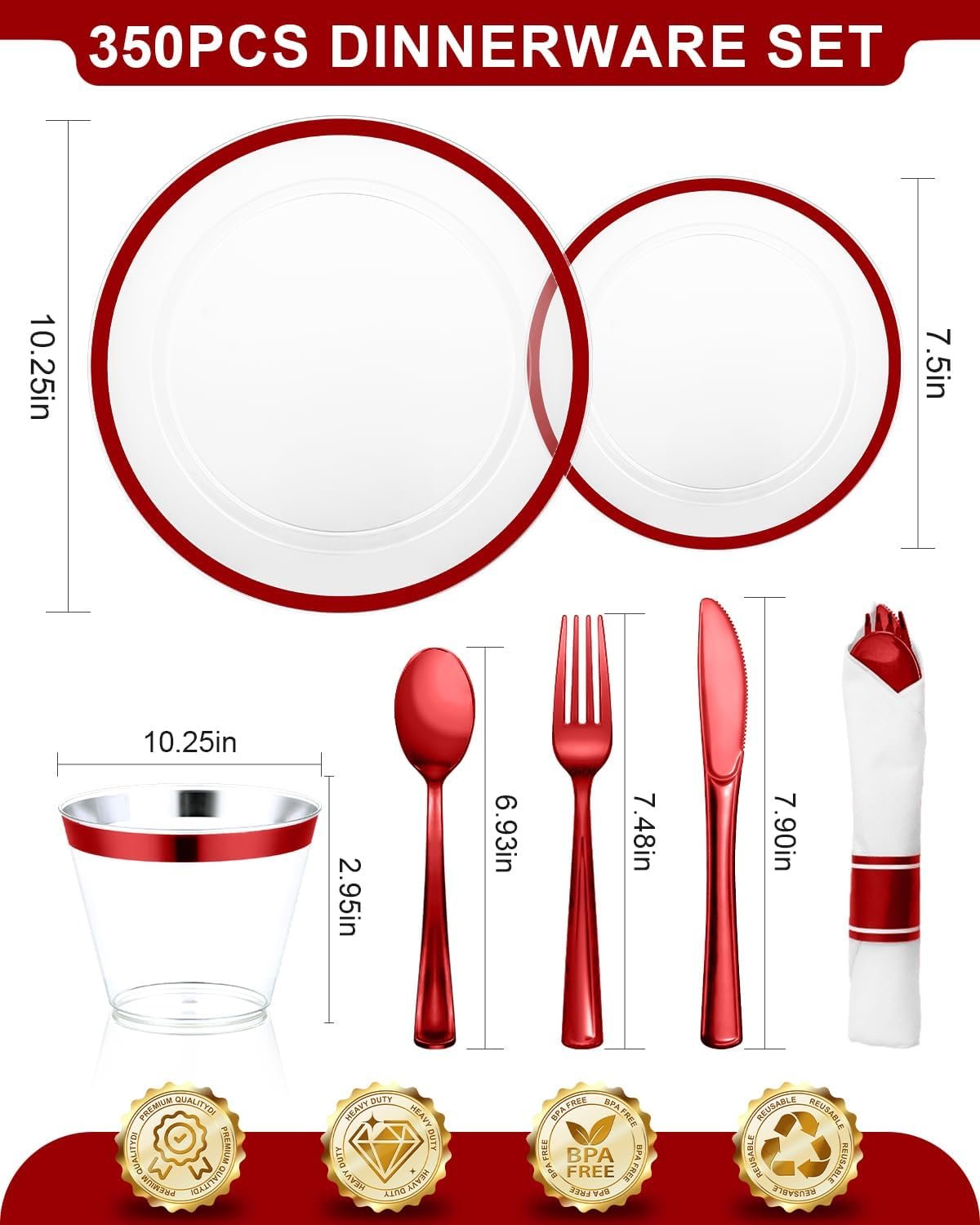 Wholesale 350PCS Disposable Clear Red Dinnerware Sets for 50 Guests 100 Plastic Plates 50 Cups 50 Pre-Rolled Napkins with Cutlery for Parties Weddings Christmas Supplier Wholesale 350PCS Disposable Clear Red Dinnerware Sets for 50 Guests 100 Plastic Plates 50 Cups 50 Pre-Rolled Napkins with Cutlery for Parties Weddings Christmas Supplier