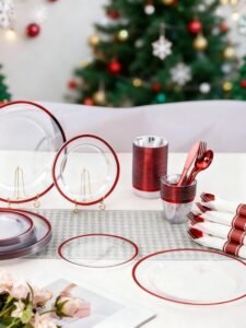 350PCS Disposable Clear Red Dinnerware Sets for 50 Guests, Plastic Plates for Party, 100 Plastic Plates, 50 Cups,50 Pre-Rolled Napkins with Cutlery for Parties, Christmas, Wedding