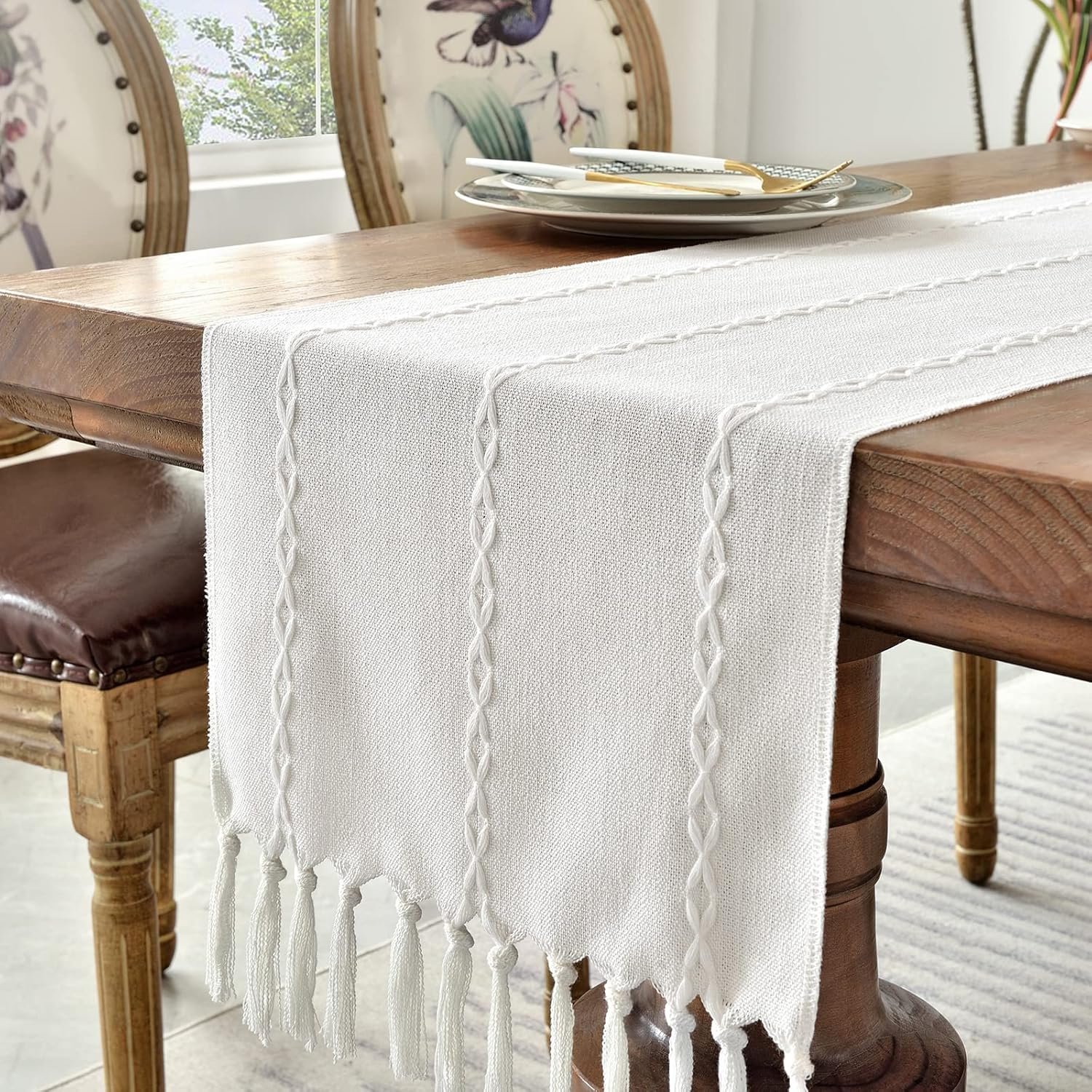 Wholesale Rustic Linen Embroidered Table Runner Farmhouse Style 72 Inches Long with Hand Tassels White 13x72 for Party Dresser and Dining Room Decor Supplier Wholesale Rustic Linen Embroidered Table Runner Farmhouse Style 72 Inches Long with Hand Tassels White 13x72 for Party Dresser and Dining Room Decor Supplier