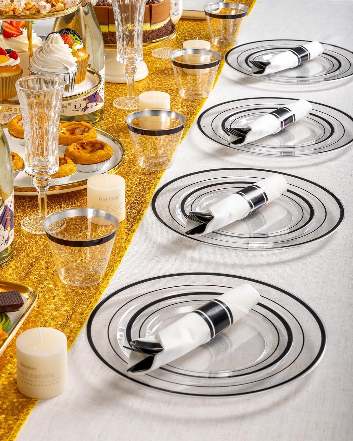 Wholesale 175-Piece Black Plastic Plates Clear Plastic Silverware Disposable Set Includes 50 Plates 25 Pre-Rolled Napkin with Silverware Packs 25 Cups for Party Wedding Graduation Supplier Wholesale 175-Piece Black Plastic Plates Clear Plastic Silverware Disposable Set Includes 50 Plates 25 Pre-Rolled Napkin with Silverware Packs 25 Cups for Party Wedding Graduation Supplier