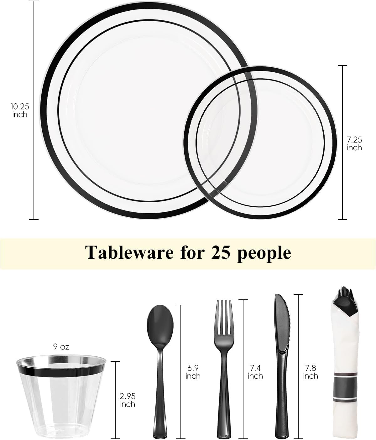Wholesale 175-Piece Black Plastic Plates Clear Plastic Silverware Disposable Set Includes 50 Plates 25 Pre-Rolled Napkin with Silverware Packs 25 Cups for Party Wedding Graduation Supplier Wholesale 175-Piece Black Plastic Plates Clear Plastic Silverware Disposable Set Includes 50 Plates 25 Pre-Rolled Napkin with Silverware Packs 25 Cups for Party Wedding Graduation Supplier