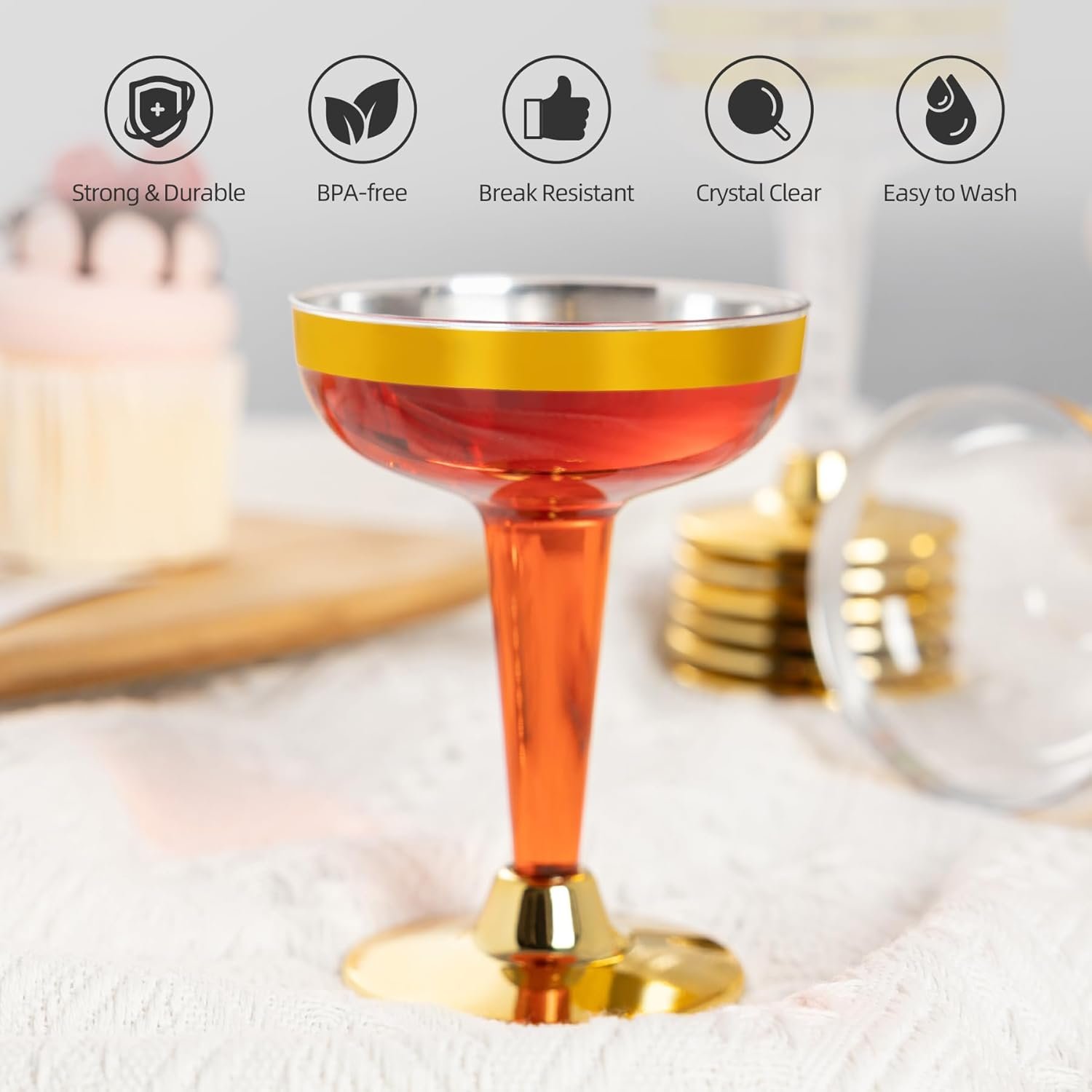 Wholesale 50PCS 5oz Plastic Champagne Coupe Glasses with Gold Rim Unbreakable Crystal Clear for Weddings Parties Birthdays Special Occasions Supplier
