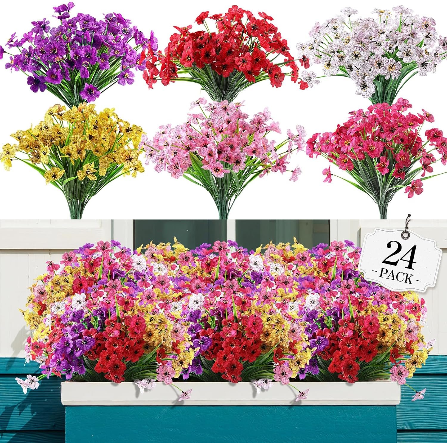 AGIRL 24 Bundles Artificial Flowers for Outdoor,No Fade Fake Plastic Flowers Faux Plants for Decoration Hanging Planters Indoor Outside Garden Porch Window Box Home Wedding Farmhouse