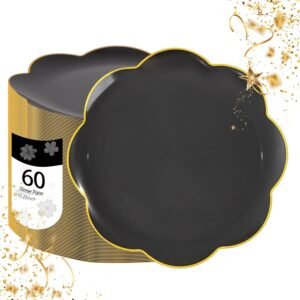 LIYH 60 Pcs 10.25 Inch Black and Gold Plastic Plates - Scalloped Dinner Plate Disposable, Fancy Black Gold Rim Plastic Tableware Dishes Plates Heavy Duty for Party Christmas Day
