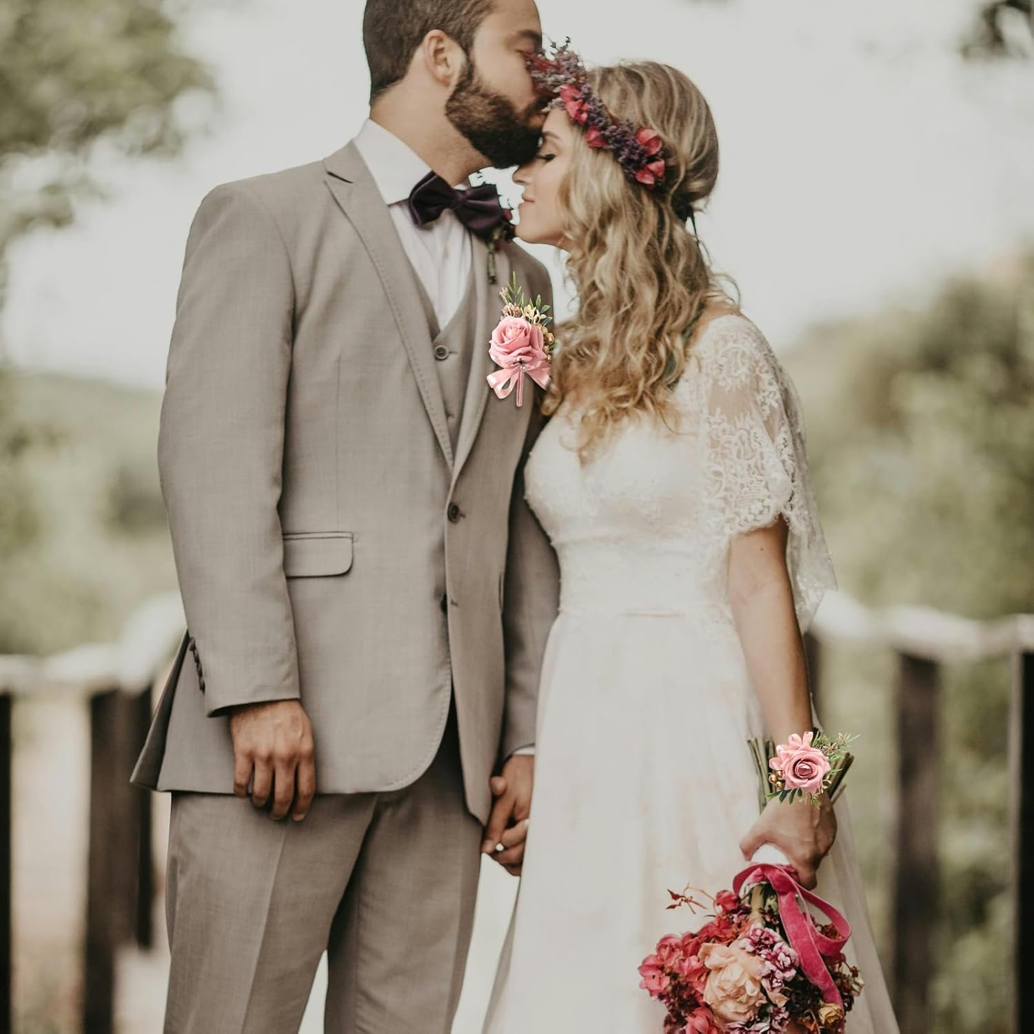 Wholesale 2 Pcs Pink Rose Artificial Flower Corsage and Boutonniere Set for Wedding Prom Party Accessories Supplier