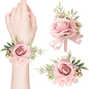 2 Pcs Pink Rose Corsage and Boutonniere Set for Wedding, Artificial Flower Prom Wrist Corsage, Wrist Corsage and Men Boutonniere Set for Prom Suit Decoration Wedding Flower Party Accessories