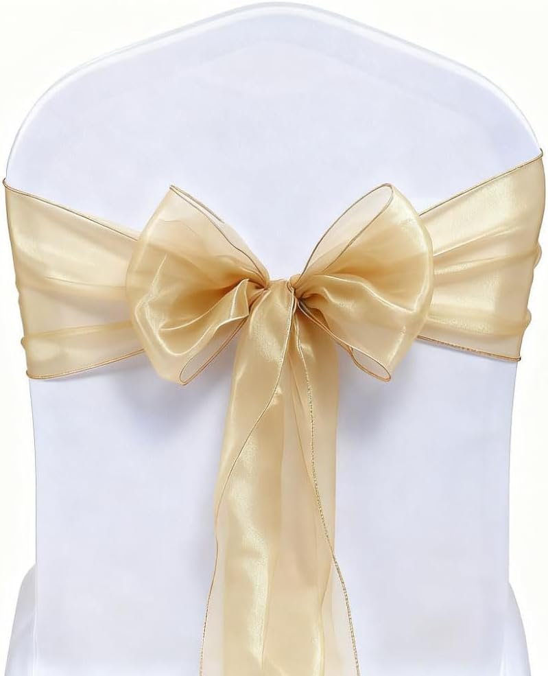 Organza Champagne Chair Sashes 50 Pack - Universal Chair Bows Ties Bands for Wedding Party Ceremony Banquet Baby Shower Decor