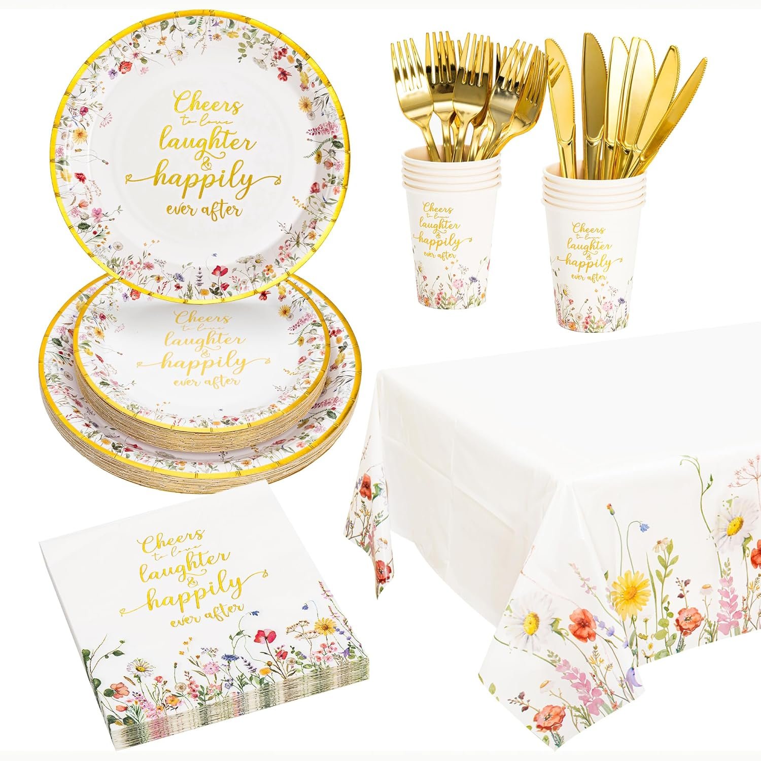 Crisky Bridal Shower Plates and Napkins Gold Cheers to Love Disposable Tableware Set of 24 for Engagement Bridal Shower Wedding Party Decorations (Plates, Napkin, Cups, Tablecloth, Knife & Fork)