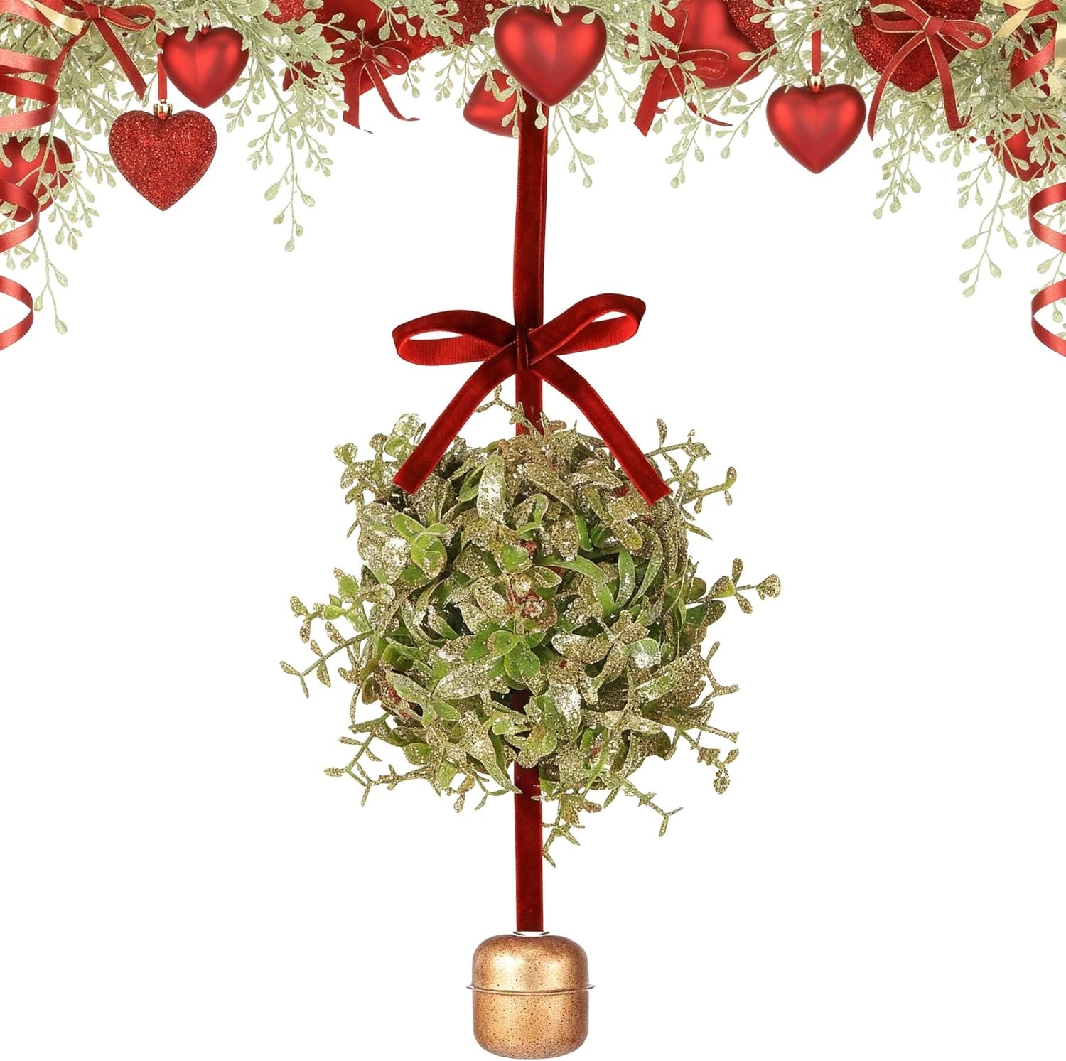 Valentine's Day Mistletoe Ball Jingle Bell Ornament Mistletoe Glitter Kissing Ball with Jingle Bell Bow and Red Berries Artificial Hanging Ornament for Doorway Ceiling Light Decor
