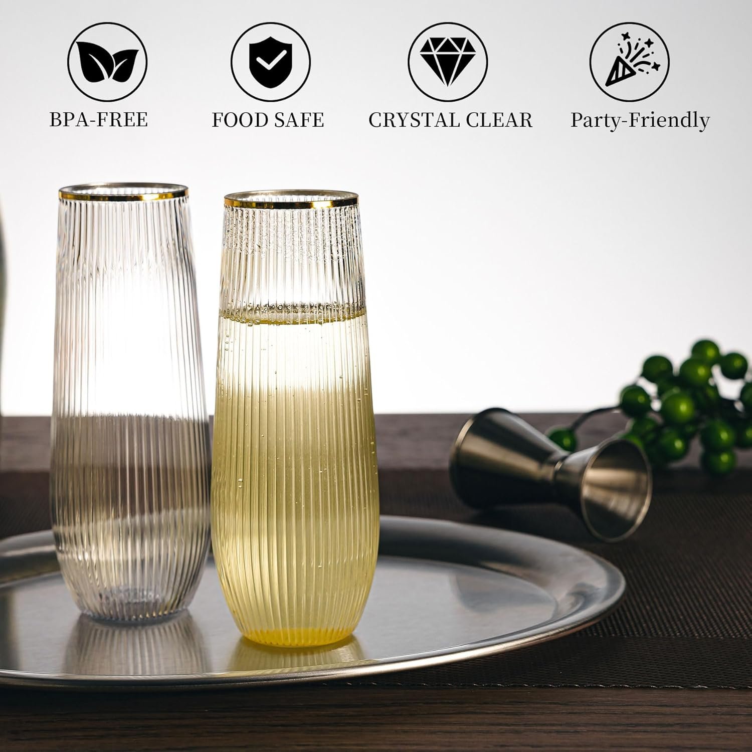 Wholesale 36pcs 9oz BPA-free Disposable Plastic Champagne Flutes with Gold Rim Stemless Ribbed Ripple Design for Weddings Parties Bars Events Durable Supplier Wholesale 36pcs 9oz BPA-free Disposable Plastic Champagne Flutes with Gold Rim Stemless Ribbed Ripple Design for Weddings Parties Bars Events Durable Supplier