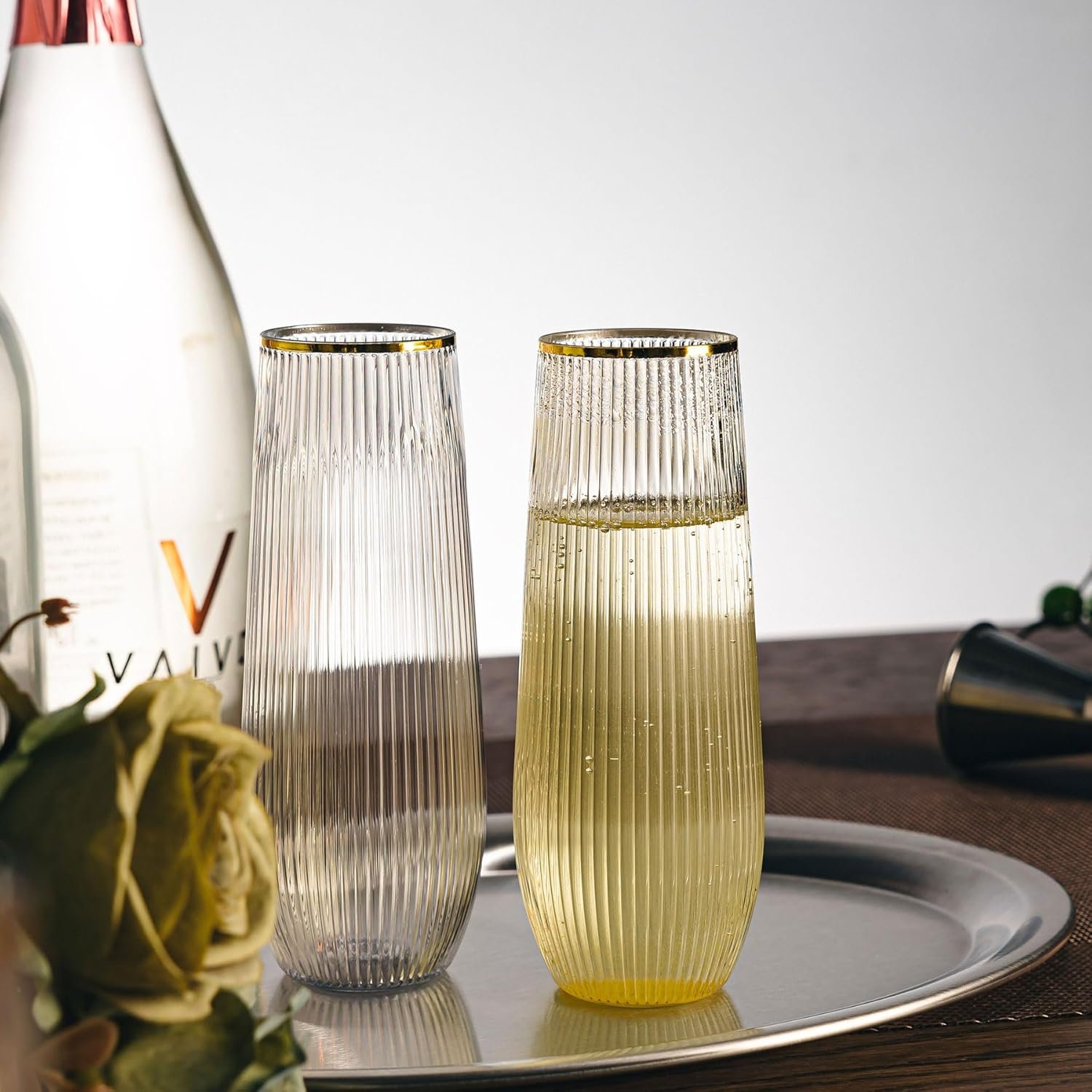 Wholesale 36pcs 9oz BPA-free Disposable Plastic Champagne Flutes with Gold Rim Stemless Ribbed Ripple Design for Weddings Parties Bars Events Durable Supplier Wholesale 36pcs 9oz BPA-free Disposable Plastic Champagne Flutes with Gold Rim Stemless Ribbed Ripple Design for Weddings Parties Bars Events Durable Supplier