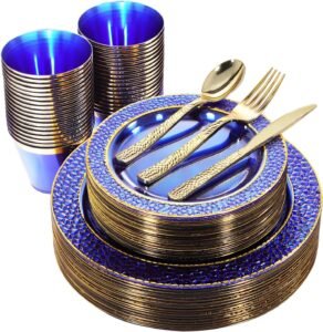 Nervure 150PCS Clear Blue Plastic Plates - Gold Party Plates - Blue and Gold Dinnerware Set Include: 50 Disposable Plate, 25Cups, 25Forks, 25Knives, 25Spoons for Wedding & Party & Hanukkah