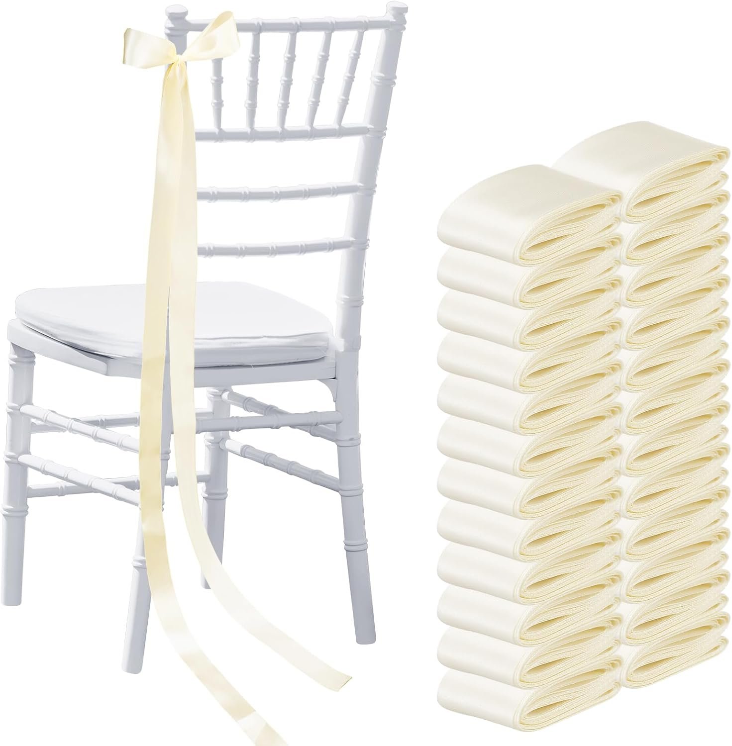24 Pcs Wedding Bows Aisle Decorations Satin Bows for Chairs Decorative Ribbons Sashes for Pew Back Elegant Ceremony Ribbons for Wedding Background Aisle Decor(Ivory White)