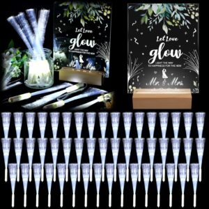 VIHOSE 52 Pcs Wedding Party Favors White Fiber Optic Wands with Acrylic Wedding Table Sign Wooden Illuminated Base LED Fiber Glow Stick Light up Wands for Reception Bridal Shower Party Favors Decor