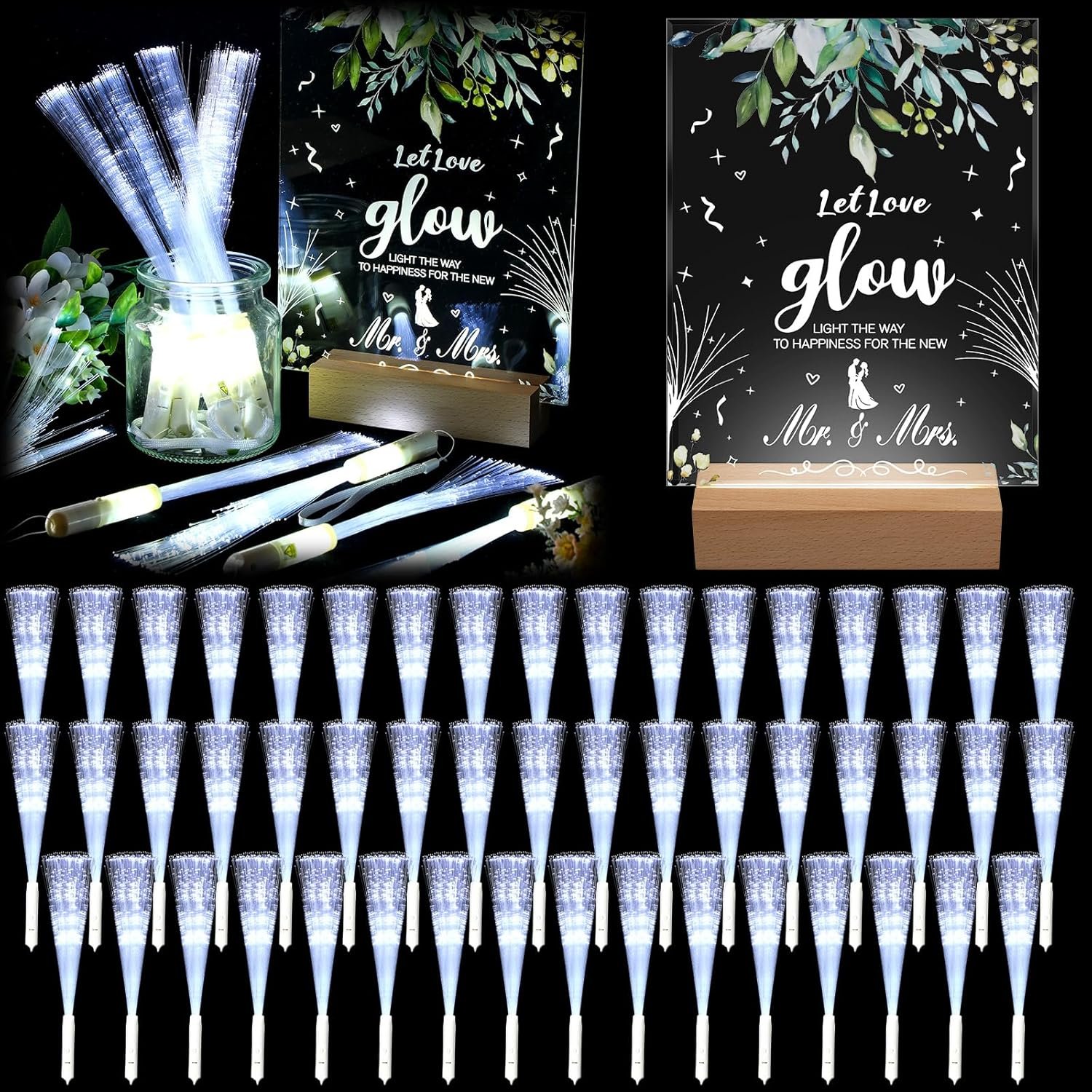VIHOSE 52 Pcs Wedding Party Favors White Fiber Optic Wands with Acrylic Wedding Table Sign Wooden Illuminated Base LED Fiber Glow Stick Light up Wands for Reception Bridal Shower Party Favors Decor
