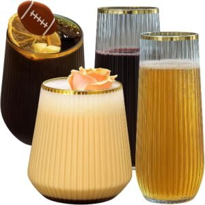 Oojami 48 Pack Ribbed Origami Ripple Plastic Glasses, 24 9 Ounce Stemless Champagne Flutes & 24 12 Ounce Cups, BPA-Free Disposable Shatterproof Toasting Glasses for Weddings Bars Events (Gold Rim)
