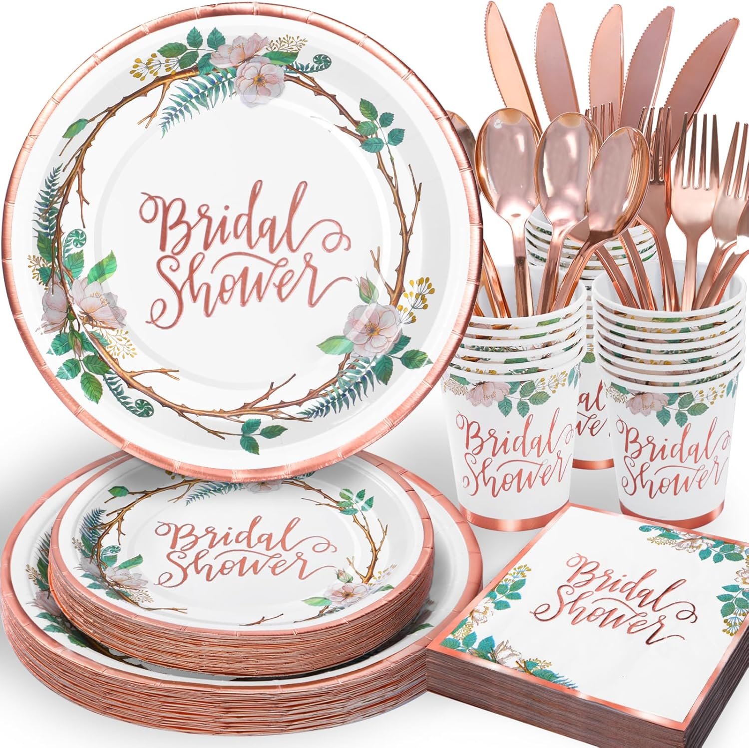Rose Gold Bridal Shower Decorations, 168Pcs Bridal Shower Plates and Napkins Sets, Floral Paper Plates Serve 24, Love is In Bloom, Bride To Be, Wedding Shower, Bachelorette Party