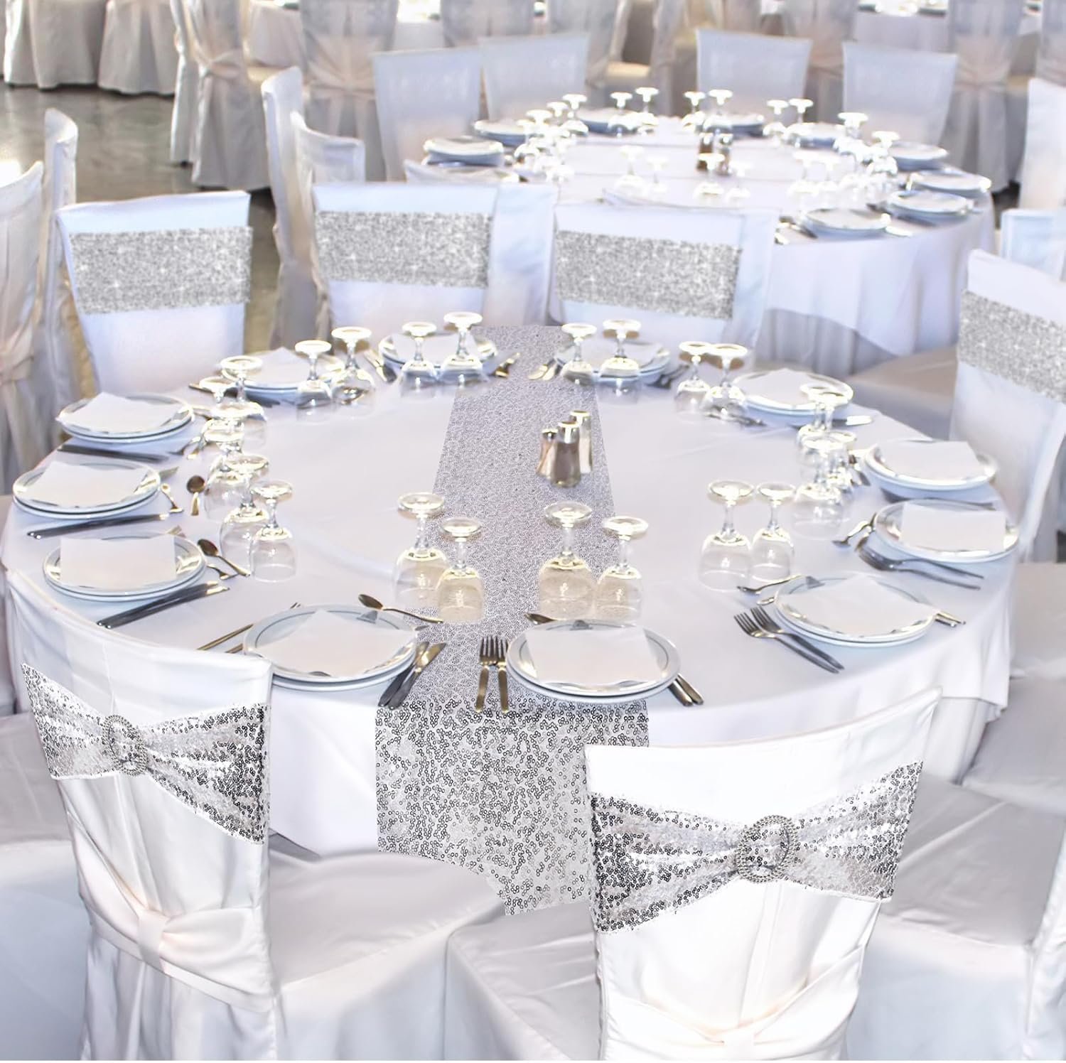 Wholesale 54 Pcs Silver Sequin Chair Sashes Table Runners 48 Sequin Chair Bows 6 Glitter Table Runners Birthday Party Wedding Banquet Holiday Decorations Supplier