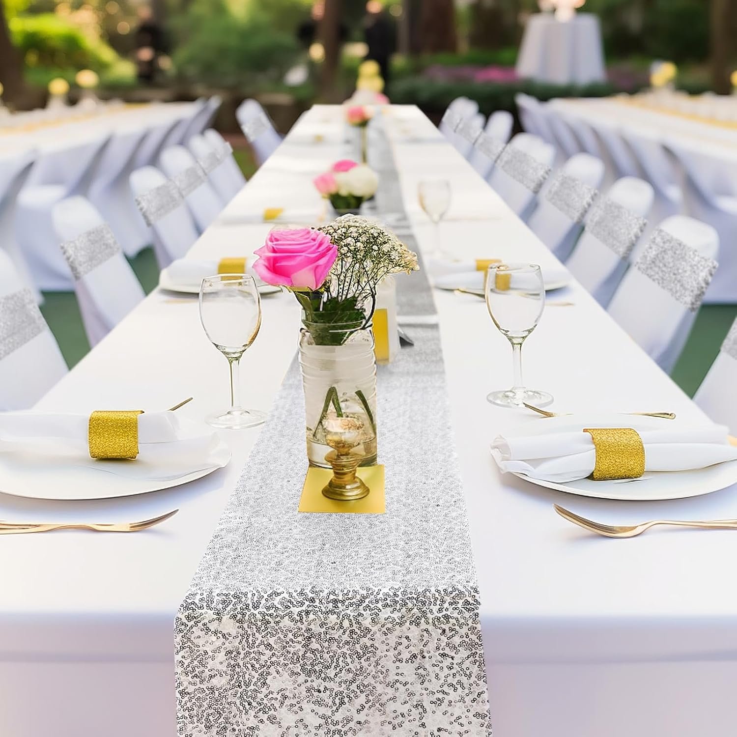 Wholesale 54 Pcs Silver Sequin Chair Sashes Table Runners 48 Sequin Chair Bows 6 Glitter Table Runners Birthday Party Wedding Banquet Holiday Decorations Supplier