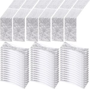 Newwiee 54 Pcs Silver Sequin Chair Sashes and Table Runners, 48 Sequin Chair Bows, 6 Glitter Table Runners for Birthday Party Wedding Banquet Holiday Decorations