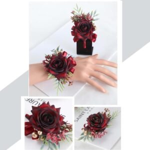 GAKA Wine Red Corsage Wristlet and Boutonniere Set for Wedding Flower Accessories Prom Suit Decorations,Burgundy