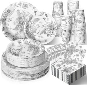 Dandat 250 Pcs Black Disposable Plates and Napkins Floral Tableware Set for 50 Guests Disposable Plates Napkins Cups for Wedding Baby Bridal Shower Party Supplies (Vintage)