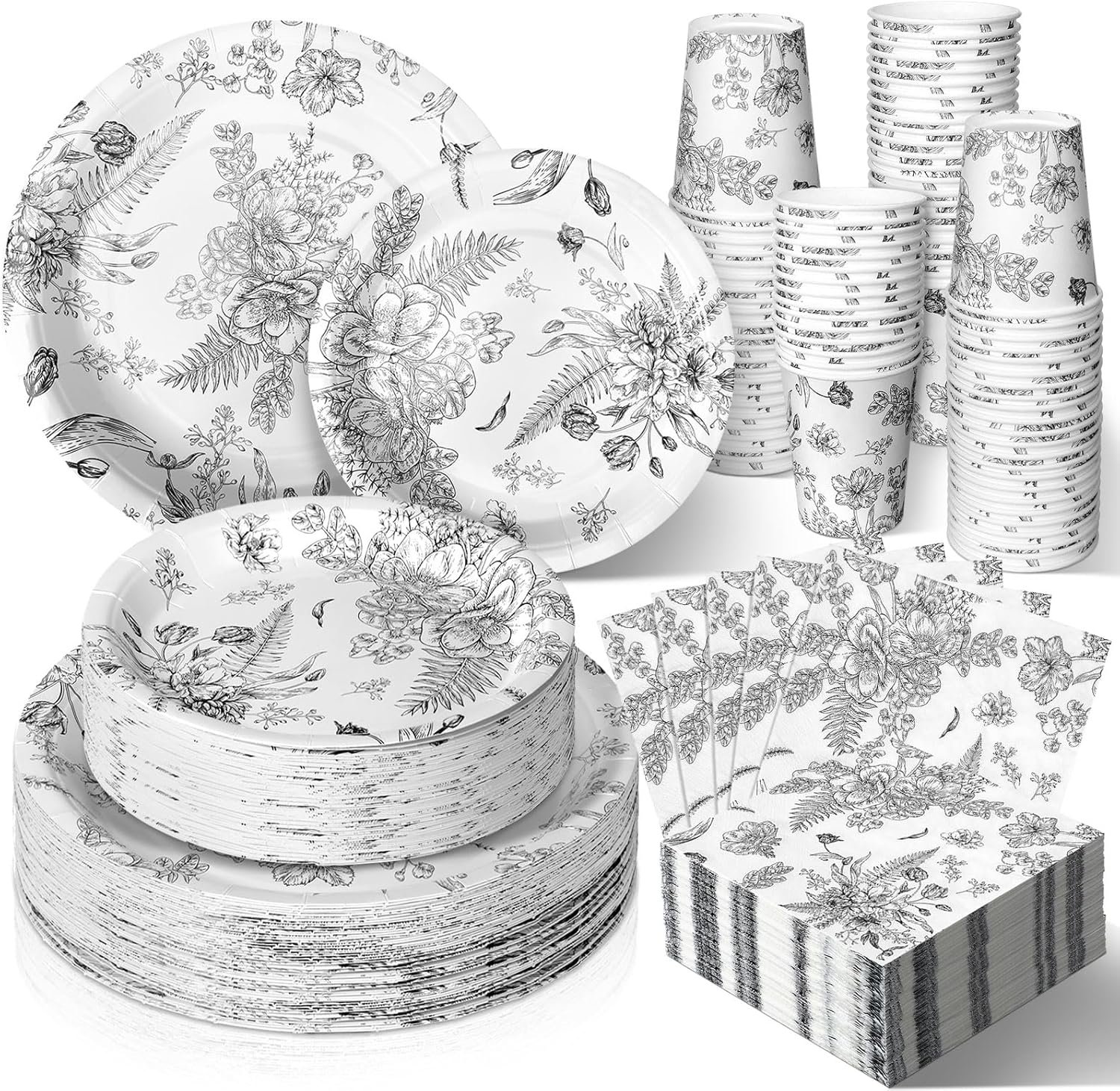 Dandat 250 Pcs Black Disposable Plates and Napkins Floral Tableware Set for 50 Guests Disposable Plates Napkins Cups for Wedding Baby Bridal Shower Party Supplies (Vintage)