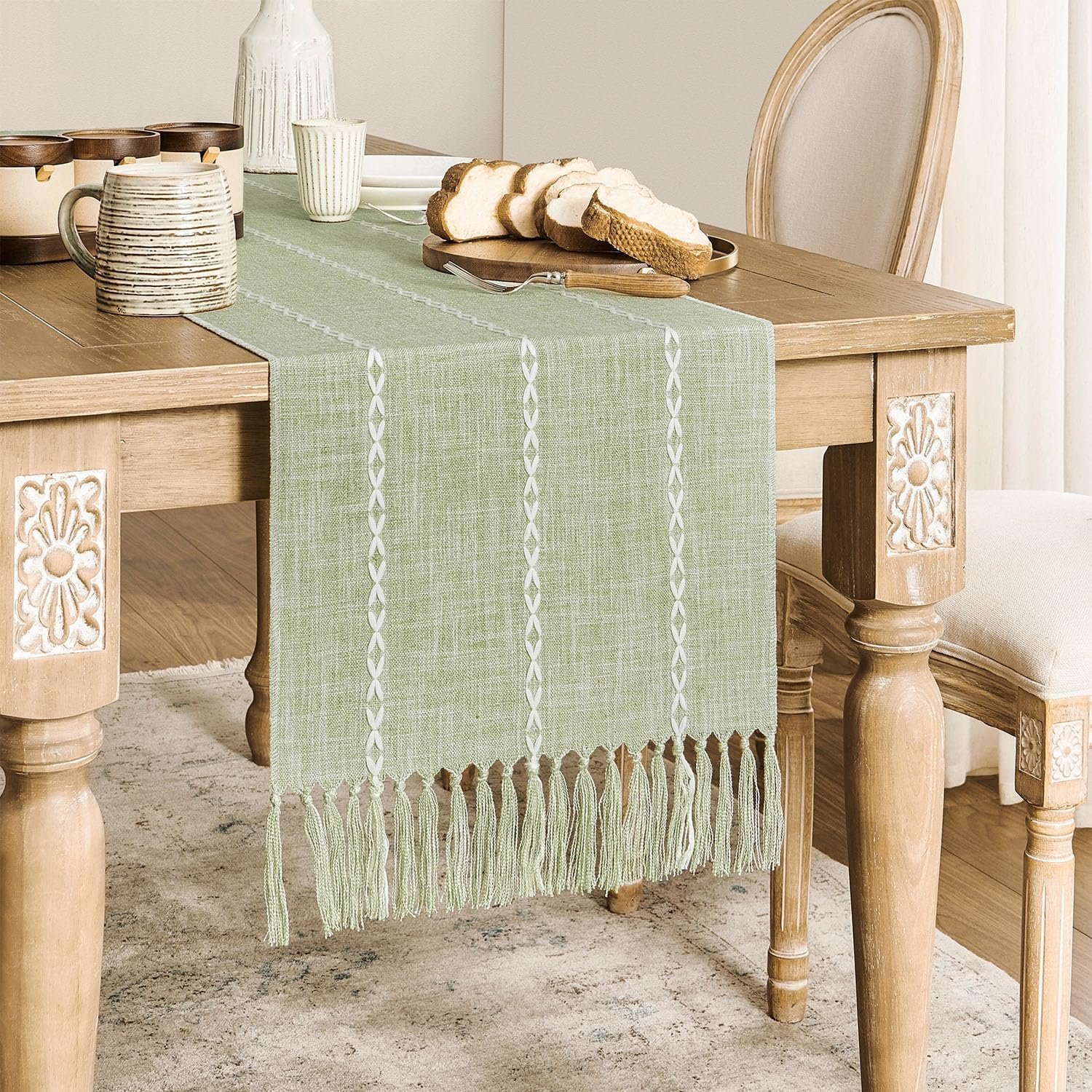Wholesale Farmhouse Braided Striped Table Runner Rustic Sage Green Boho Home Decor Desert Sage 15x72 Inches 72 Inches Long Supplier