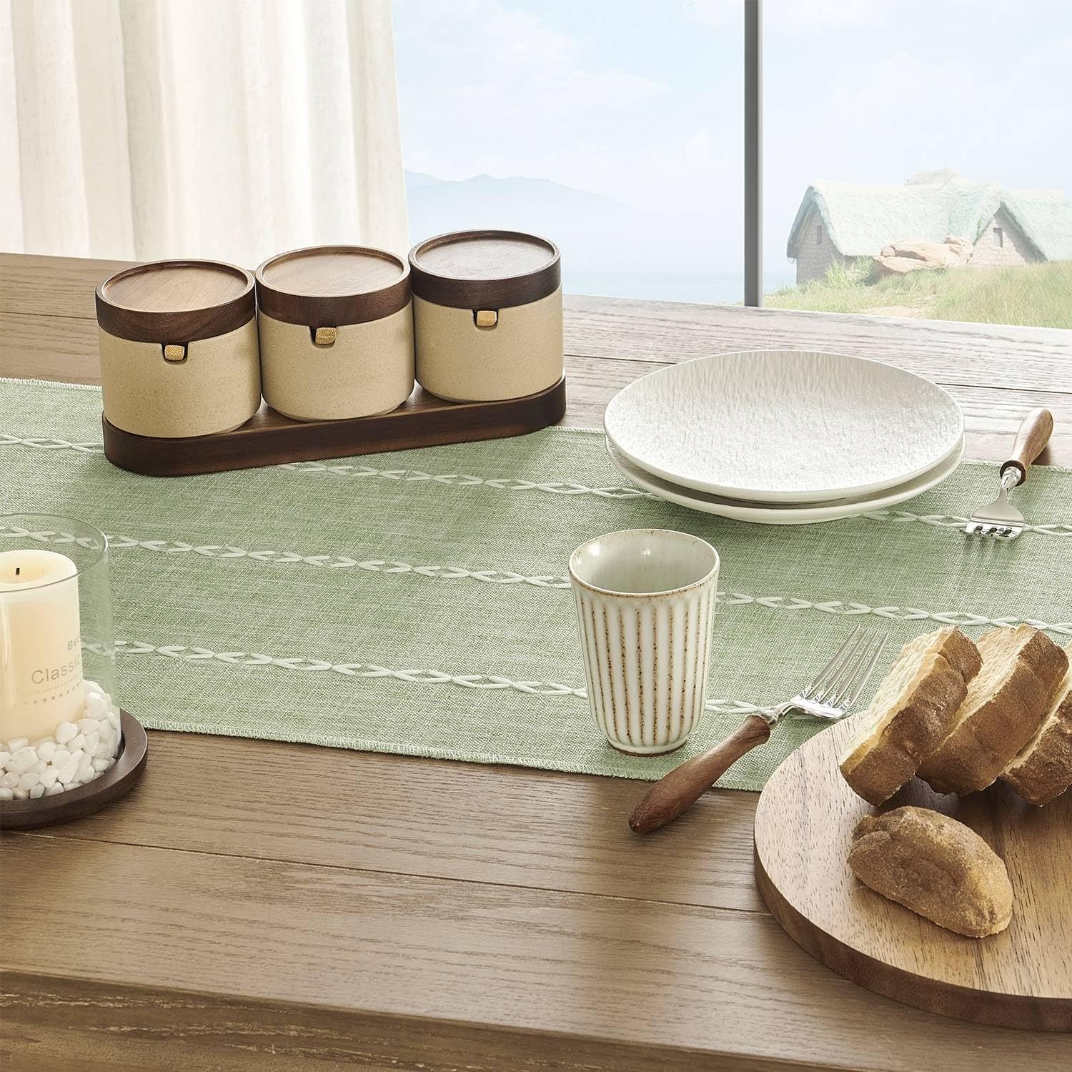 Wholesale Farmhouse Braided Striped Table Runner Rustic Sage Green Boho Home Decor Desert Sage 15x72 Inches 72 Inches Long Supplier